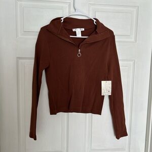 Brown Quarter-Zip Long Sleeve Top